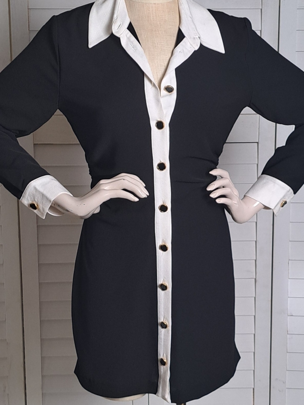Zara Contrast Collar Ruched Mini Shirt Dress Black White Size Small NWT